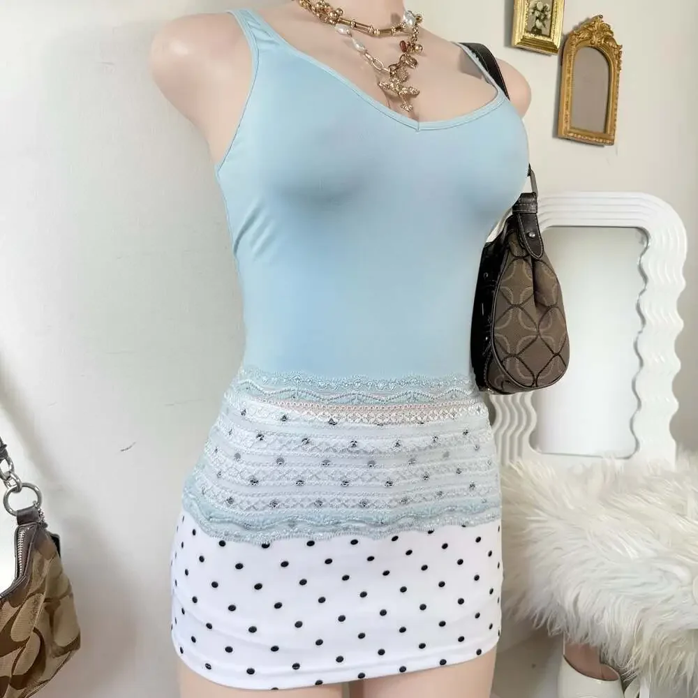 PINK Blue Tank  with Lace Trim top
